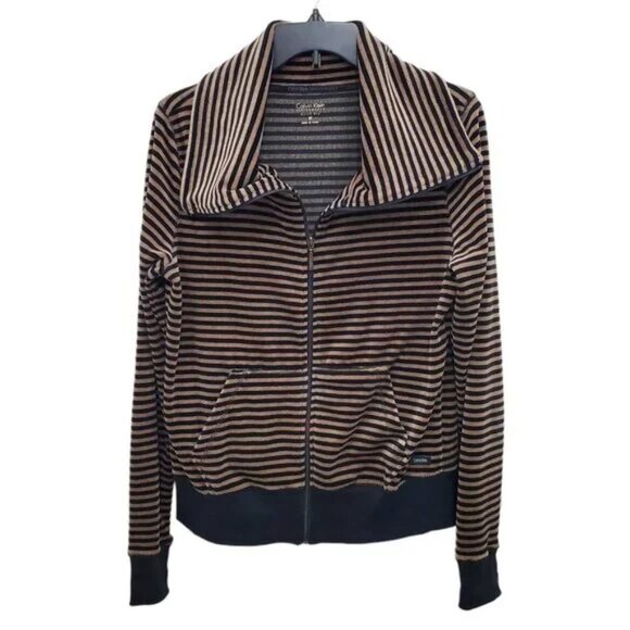 Calvin Klein Velour Cowl Neck Jacket Brown Black Striped Performance Medium - Picture 1 of 5